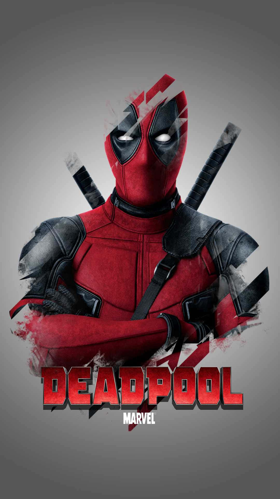 Marvel Movie 桌布 壁紙 — 死侍自信地站在灰色背景前，身穿標誌性的紅黑戰衣，背上背著劍。