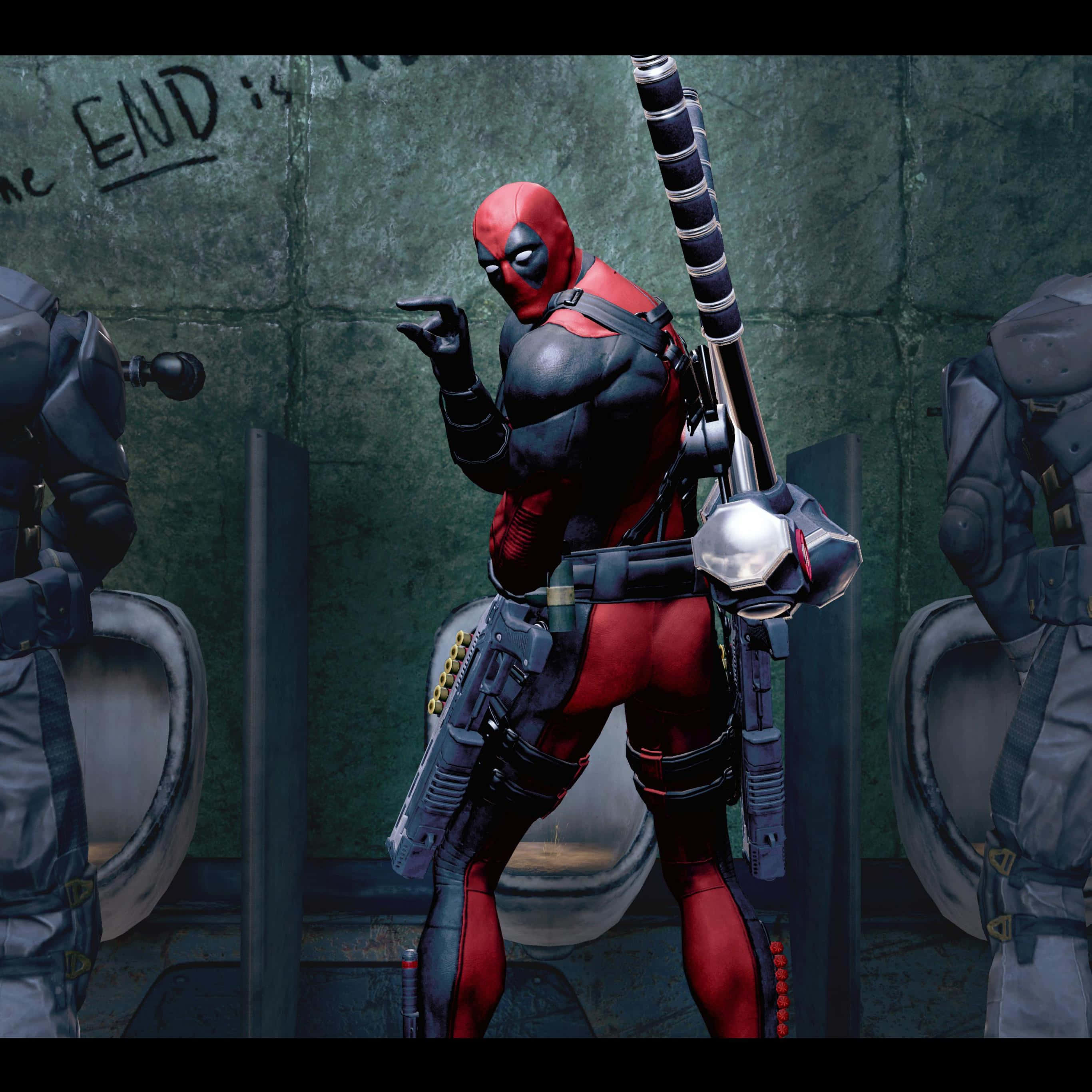 Deadpool 2 桌布 壁紙 — 死侍自信地站在骯髒的浴室裡，指著鏡頭，肩上掛著武器。