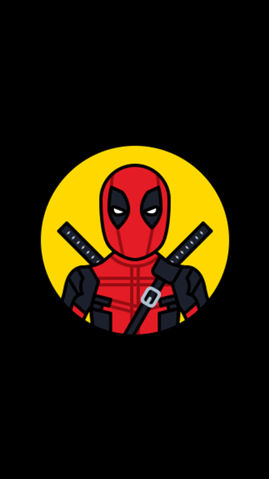 Deadpool Logo 桌布 壁紙 — 死侍自信地站立，兩把劍交叉在背後，背景是明亮的黃色圓形，置於黑色背景上。