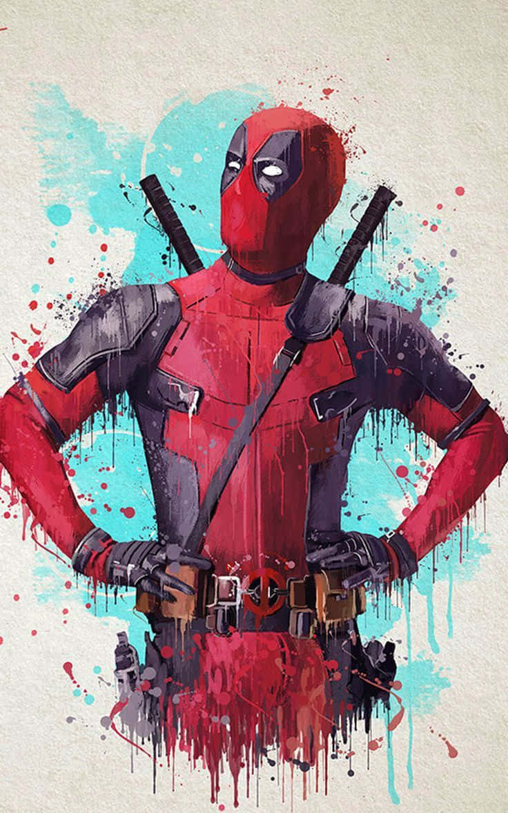 Deadpool Art 桌布 壁紙 — 死侍自信地站著，背負雙刀，背景是鮮豔的紅色和藍綠色水彩潑濺。