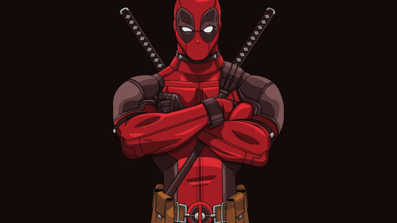 Black Deadpool 桌布 壁紙 — 死侍自信地站著，雙臂交叉，背上有兩把武士刀，背景為深色。