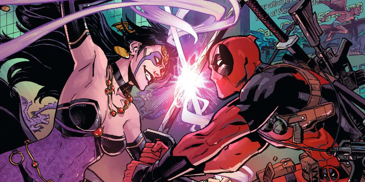 Deadpool And Vanessa 桌布 壁紙 — 死侍與一名戴面具的女戰士以充滿活力的漫畫風格碰撞，伴隨著發光的劍和動態的動作線條。