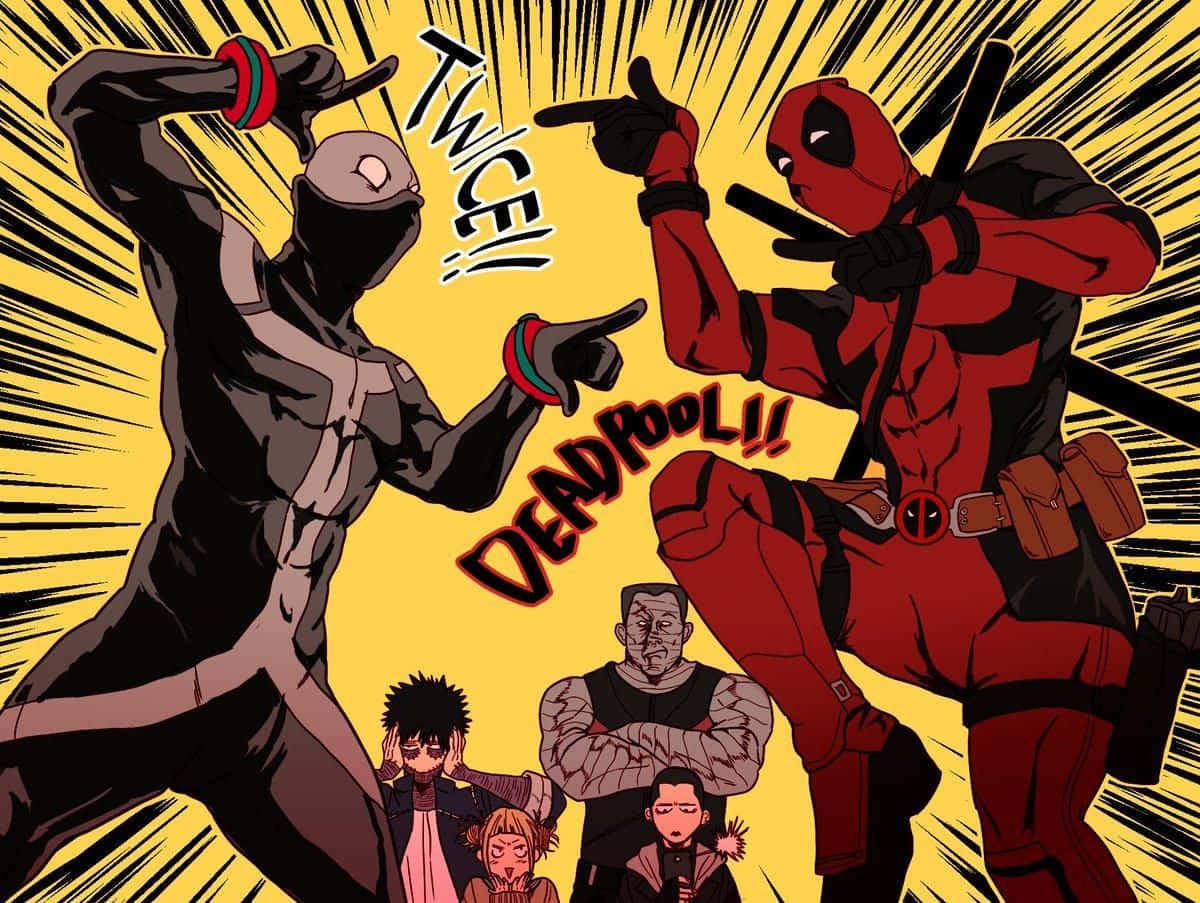 Deadpool Art 桌布 壁紙 — 死侍與一名蒙面戰士在動態漫畫面板中碰撞，背景為爆炸性黃色，旁觀者反應各異。