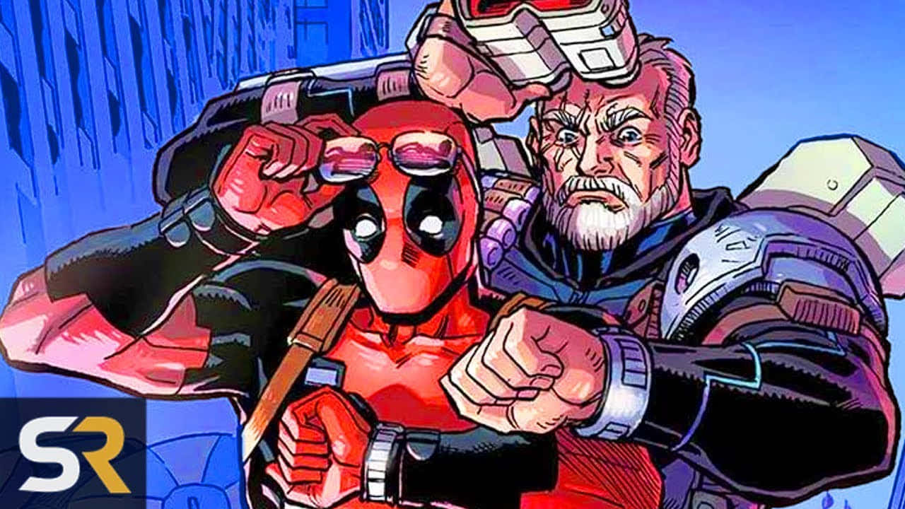 Deadpool And Cable 桌布 壁紙 — 死侍與機堡以動感漫畫姿勢呈現，大膽的紅色和藍色，背景為風格化的城市景觀。