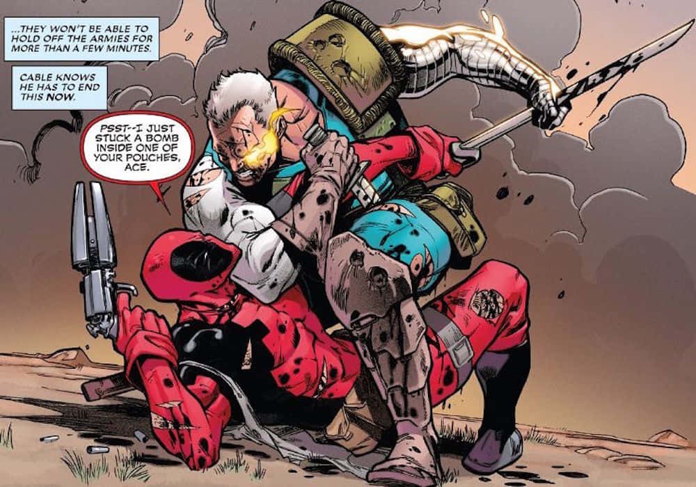 Deadpool And Cable 桌布 壁紙 — 死侍與機堡在煙霧和瓦礫中進行一場 gritty 的漫畫打鬥。
