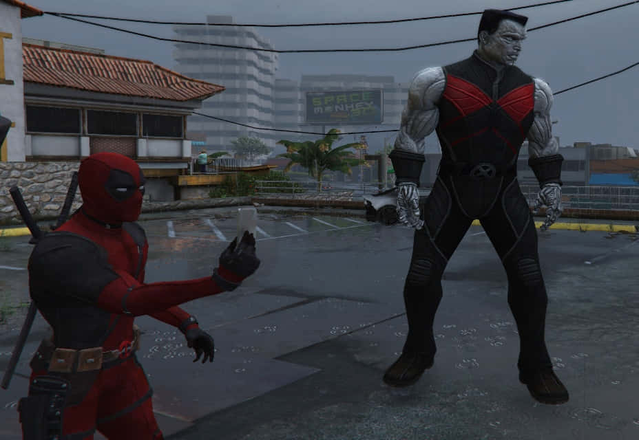 Deadpool And Colossus 桌布 壁紙 — 死侍與機堡在雨天城市屋頂停車場對峙，地面濕滑，遠處有建築物。