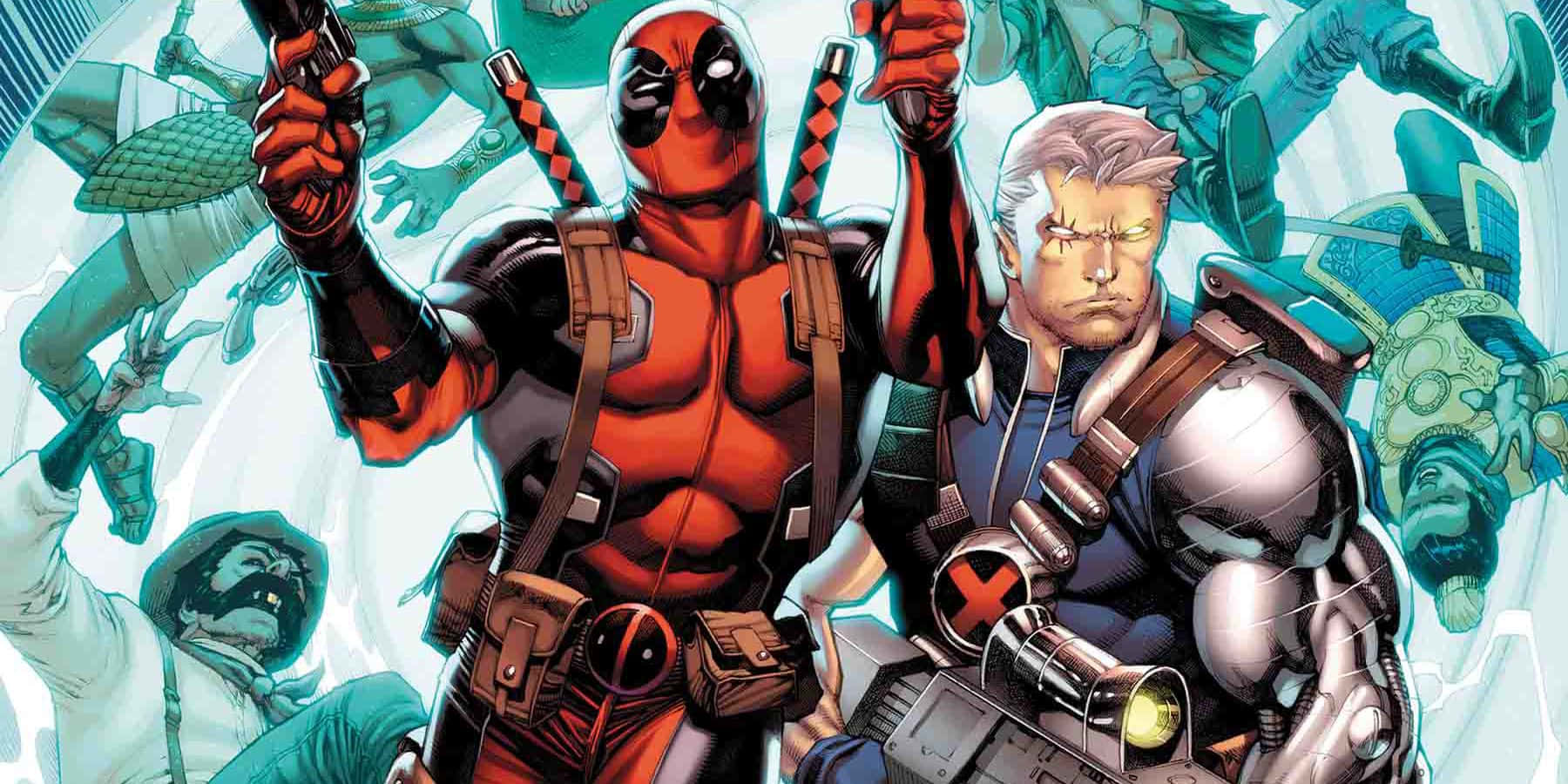 Deadpool And Cable 桌布 壁紙 — 死侍與機堡英雄式地站在一個動態漫畫動作場景中，背景有其他角色。