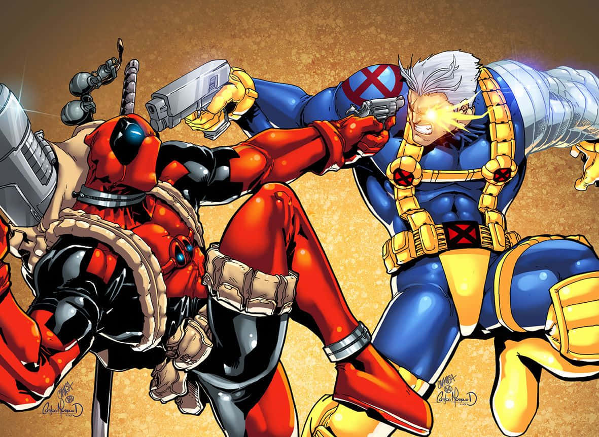 Deadpool And Cable 桌布 壁紙 — 死侍與獨眼龍在紋理金色背景前，以槍械和發光眼睛展開動態漫畫動作場景的對決。