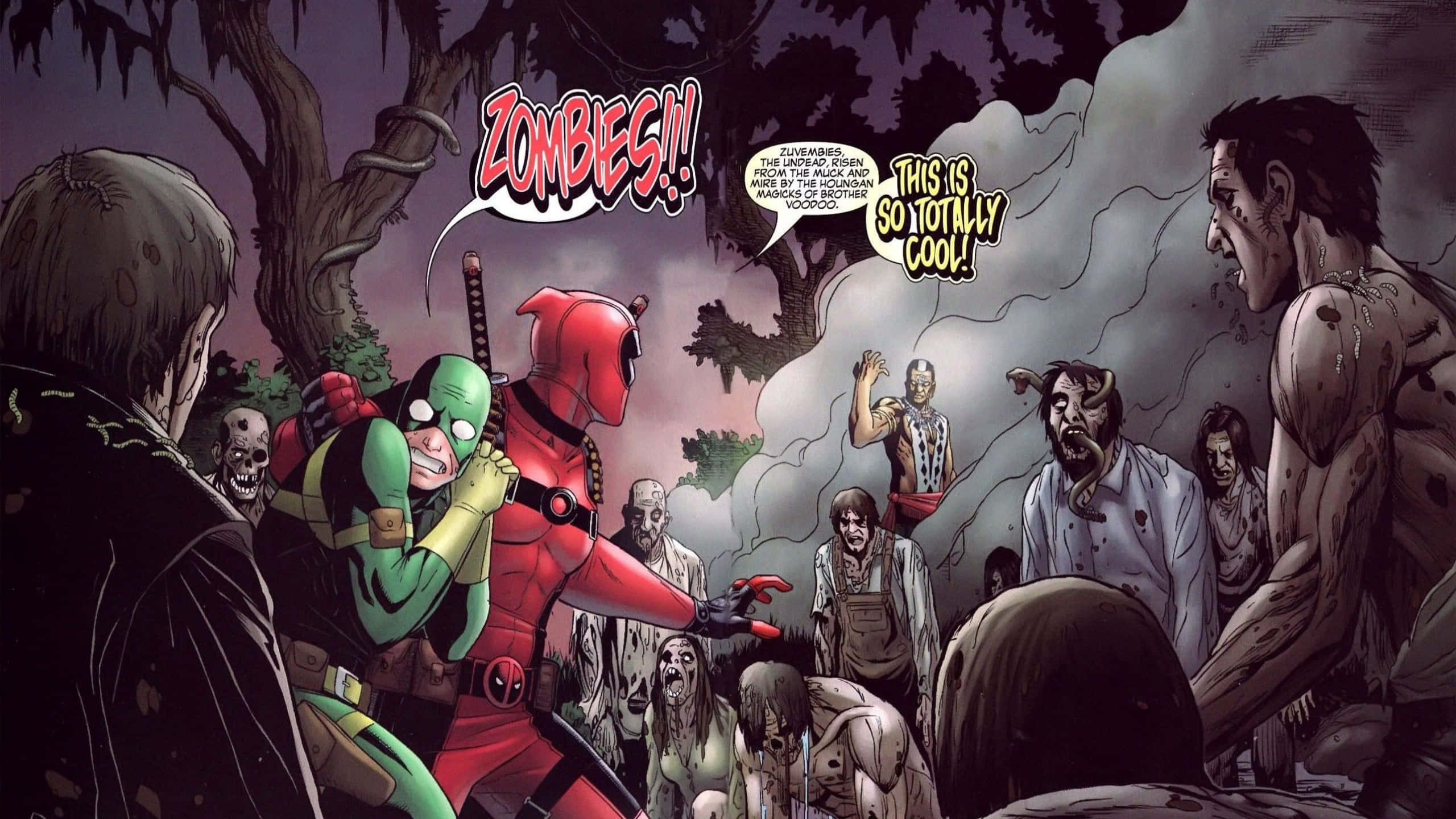 Comics 桌布 壁紙 — 死侍與綠惡魔在黑暗沼澤森林中面對一群殭屍，並帶有漫畫對話氣泡。