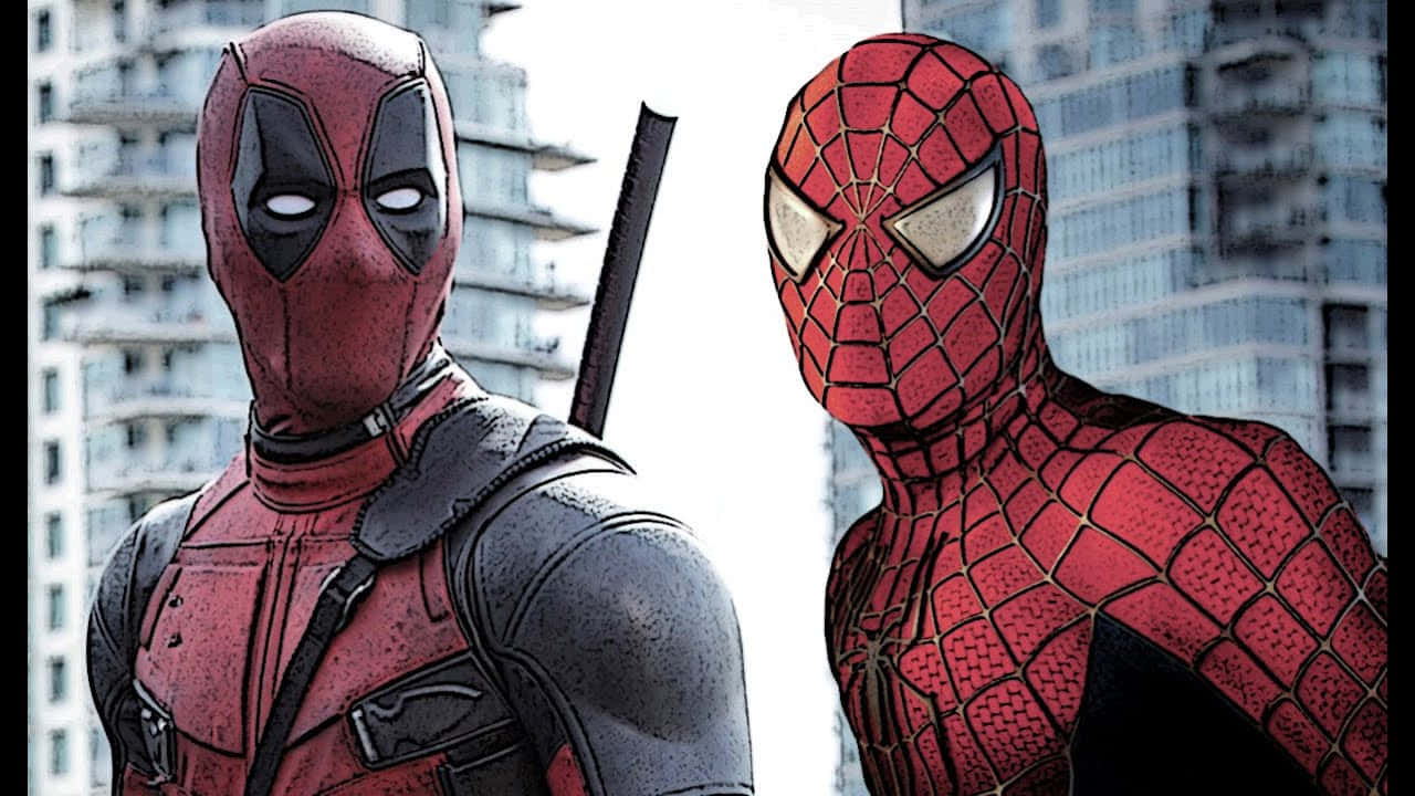 Deadpool And Spiderman 桌布 壁紙 — 死侍與蜘蛛人並肩站在城市景觀中，他們標誌性的紅色戰衣與灰色的摩天大樓形成對比。