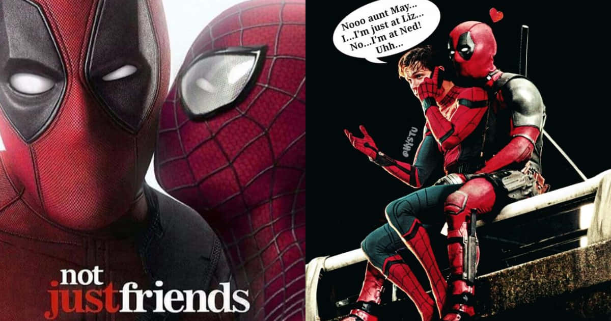 Deadpool And Spiderman 桌布 壁紙 — 死侍與蜘蛛人在漫畫格中，死侍頑皮地親吻蜘蛛人，同時對話氣泡顯示死侍謊稱自己在麗茲家。