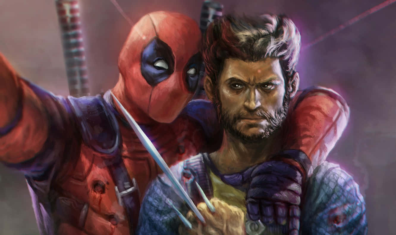 Deadpool And Wolverine 桌布 壁紙 — 死侍與金鋼狼一同擺姿勢，呈現粗獷漫畫風格，表情強烈，光線動感。