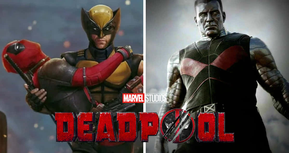 Deadpool And Colossus 桌布 壁紙 — 死侍與金鋼狼並肩站立在Marvel Studios的分屏宣傳圖片中，帶有粗體紅色標題文字。