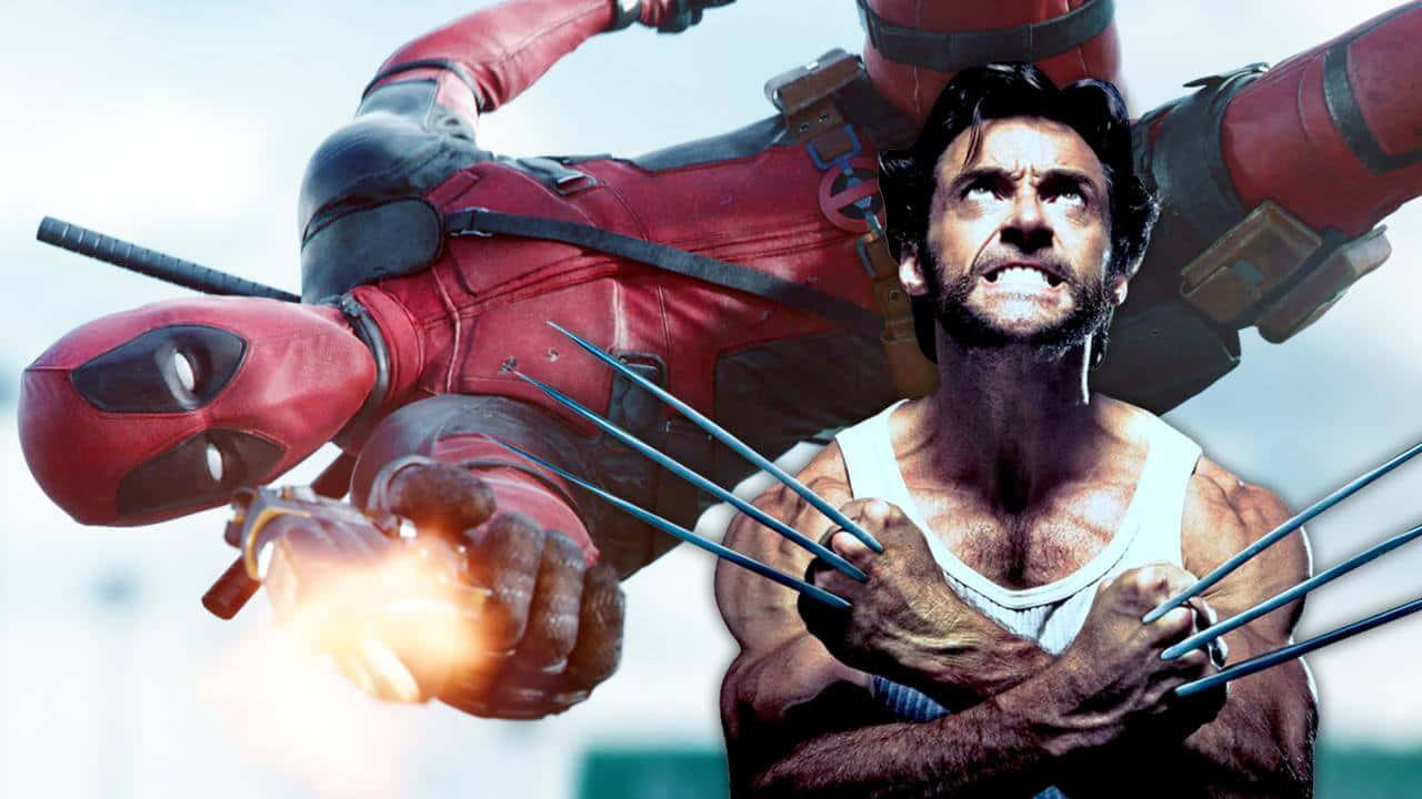 Deadpool And Wolverine 桌布 壁紙 — 死侍與金鋼狼在一場動感十足的超級英雄戰鬥中激烈交鋒，利爪伸出，槍火四射。