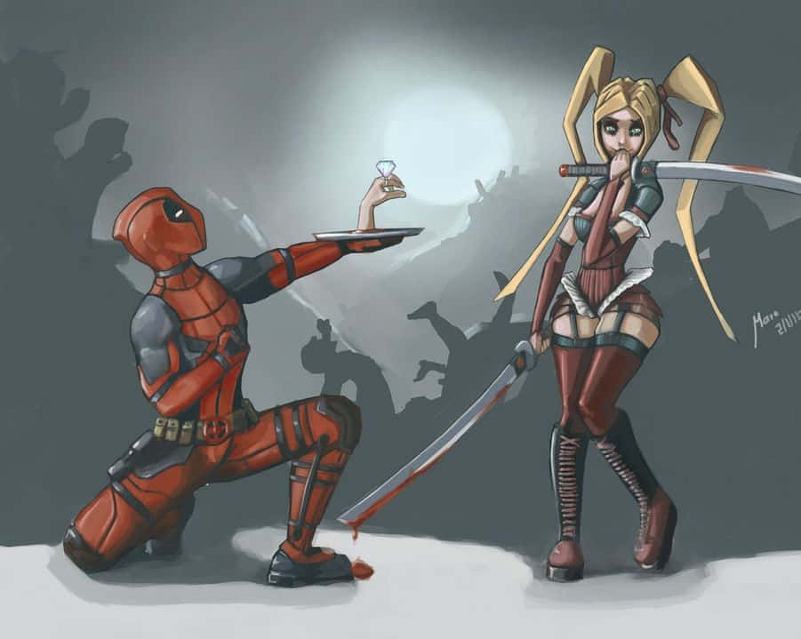 Deadpool And Lady Deadpool 桌布 壁紙 — 死侍跪下向手持染血劍的哈莉·奎茵獻上鑽石，背景為陰沉的灰色。