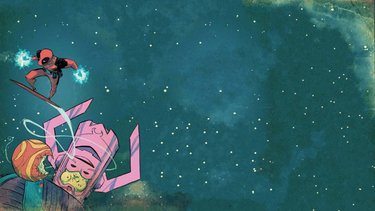 Galactus 桌布 壁紙 — 死侍跳過一個佈滿星星的藍綠色虛空，在一個破爛的粉紅色機器人上方揮舞著發光的藍色能量刀片。