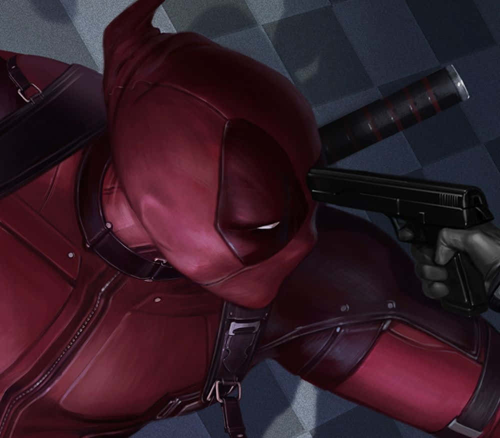 Deadpool And Domino 桌布 壁紙 — 死侍身穿標誌性紅色戰衣，在方格地板上專注地瞄準手槍的特寫。