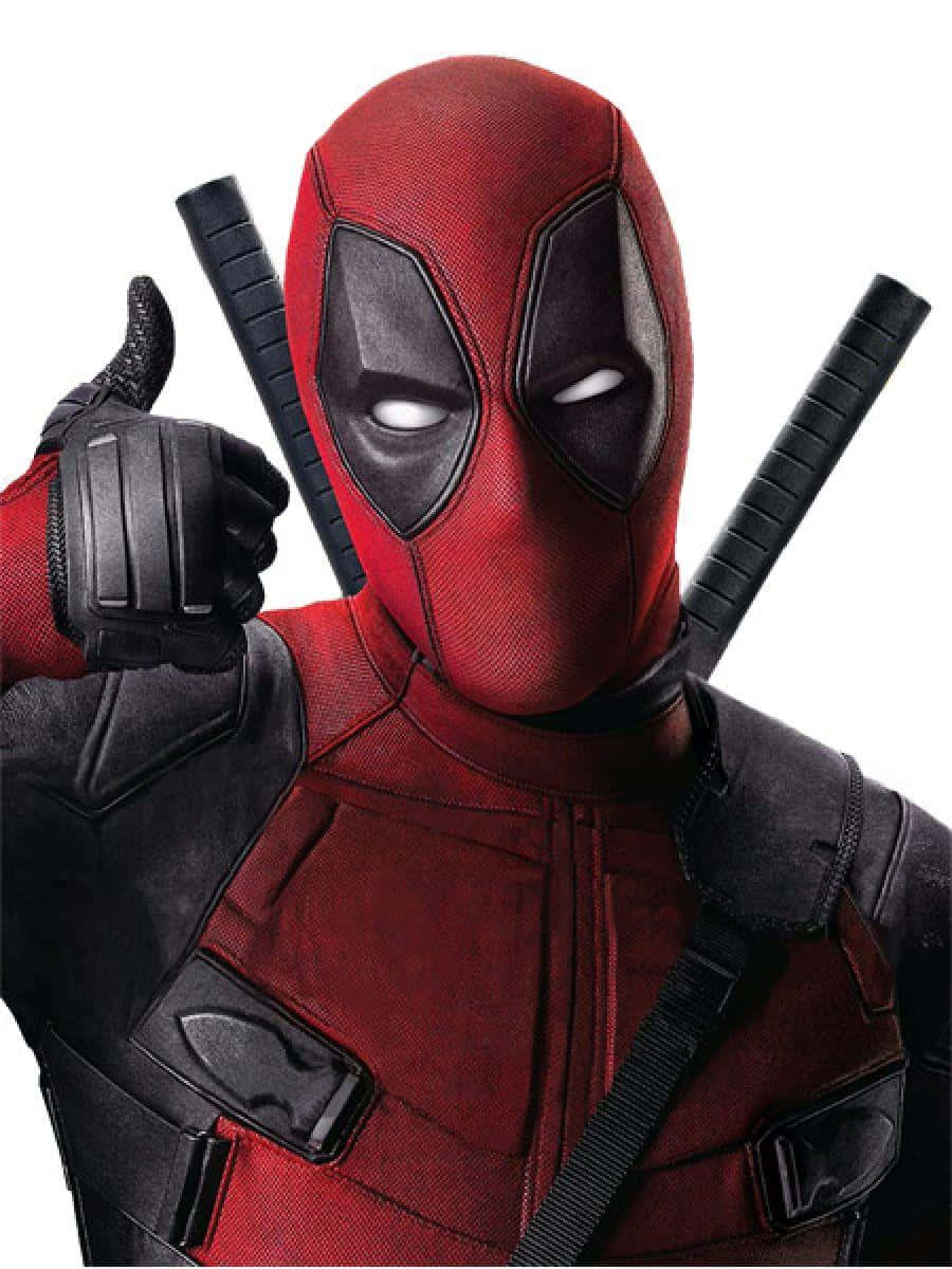 Deadpool 2 桌布 壁紙 — 死侍身穿標誌性紅黑戰衣，背上兩把武士刀，豎起大拇指的特寫。