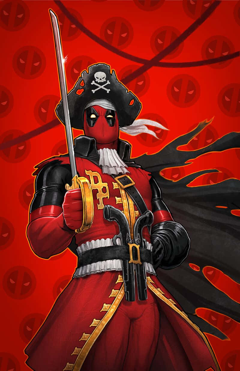 Deadpool Cartoon 桌布 壁紙 — 死侍身穿海盜服裝，在帶有骷髏圖案的紅色背景上揮舞劍和手槍。