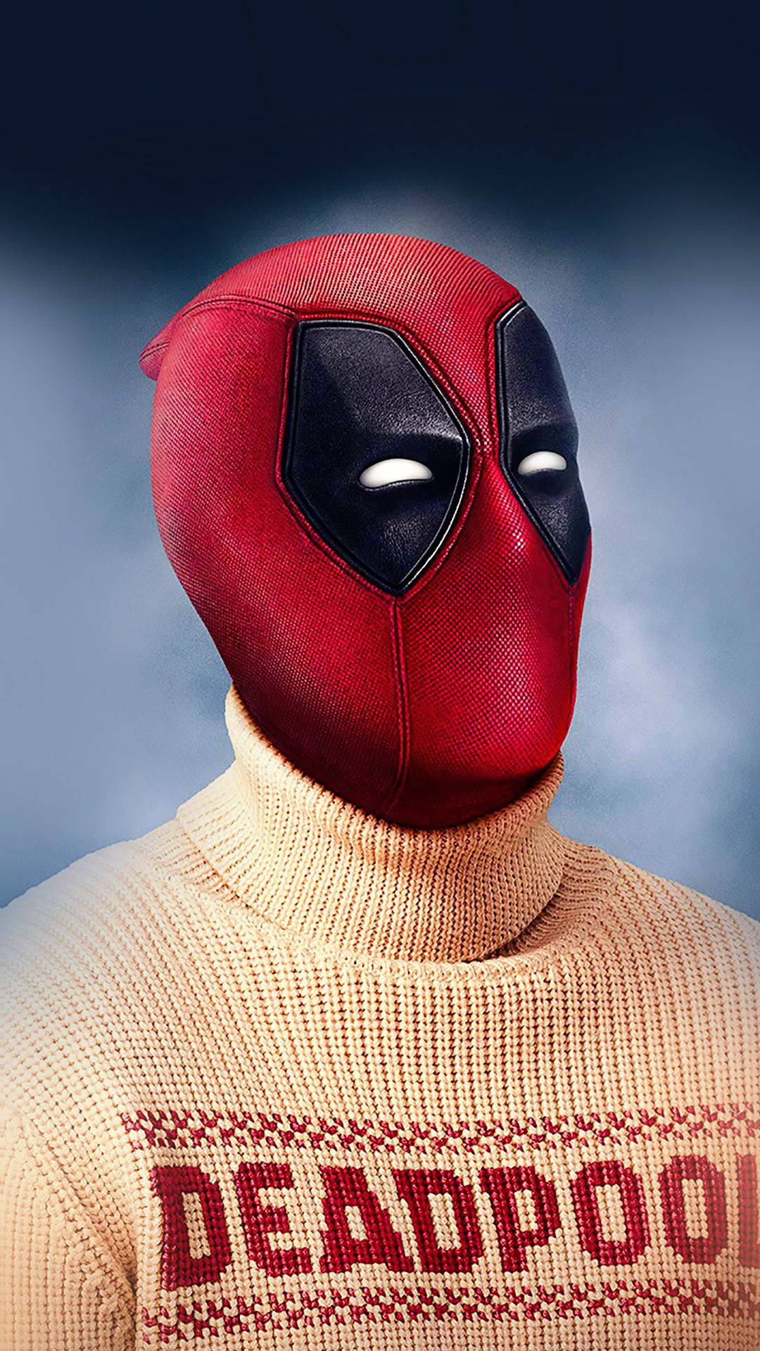 1080p HD 桌布 壁紙 — 死侍身穿米色毛衣，上面有紅色「DEADPOOL」字樣，白色眼睛凝視著煙霧藍色背景。