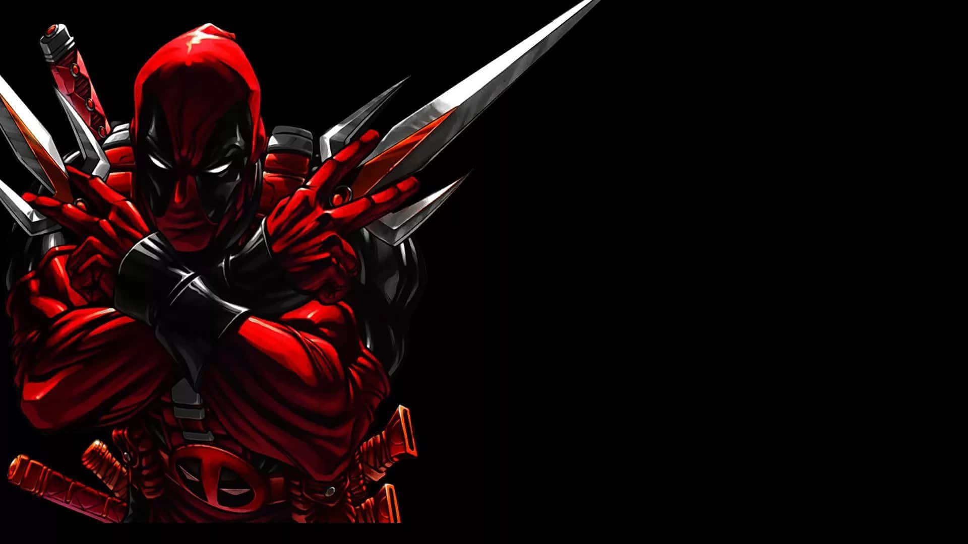 Black Deadpool 桌布 壁紙 — 死侍身穿紅色戰衣，伸出刀刃，以動感姿態站在黑色背景前。