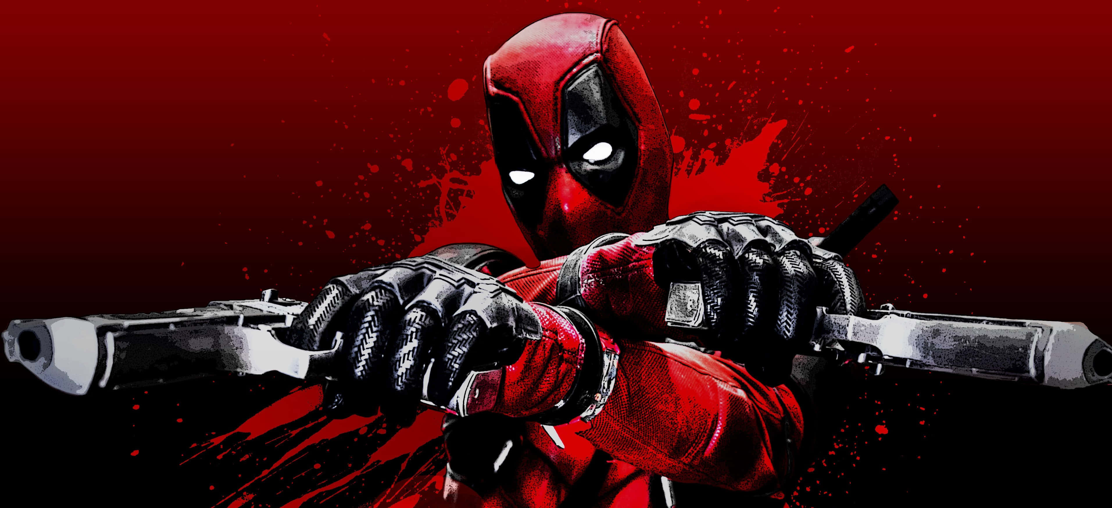 Deadpool Logo 桌布 壁紙 — 死侍身穿紅色戰衣，在血跡斑斑的深紅色背景下，用一雙白色眼睛瞄準兩把手槍。
