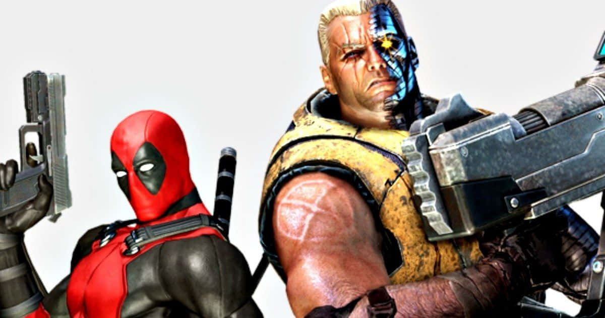 Deadpool And Cable 桌布 壁紙 — 死侍身穿紅色戰衣，手持槍械，站在擁有機械面孔及重型武器的終結者旁邊，背景簡潔。