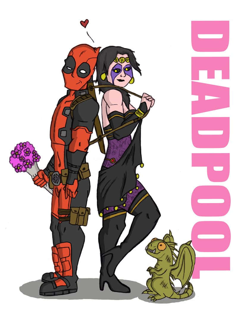 Deadpool And Vanessa 桌布 壁紙 — 死侍身穿紅色戰衣，手持紫色花朵，站在一位身穿黑紫色服裝、戴著面具的女性旁邊，附近還有一條綠色小龍。