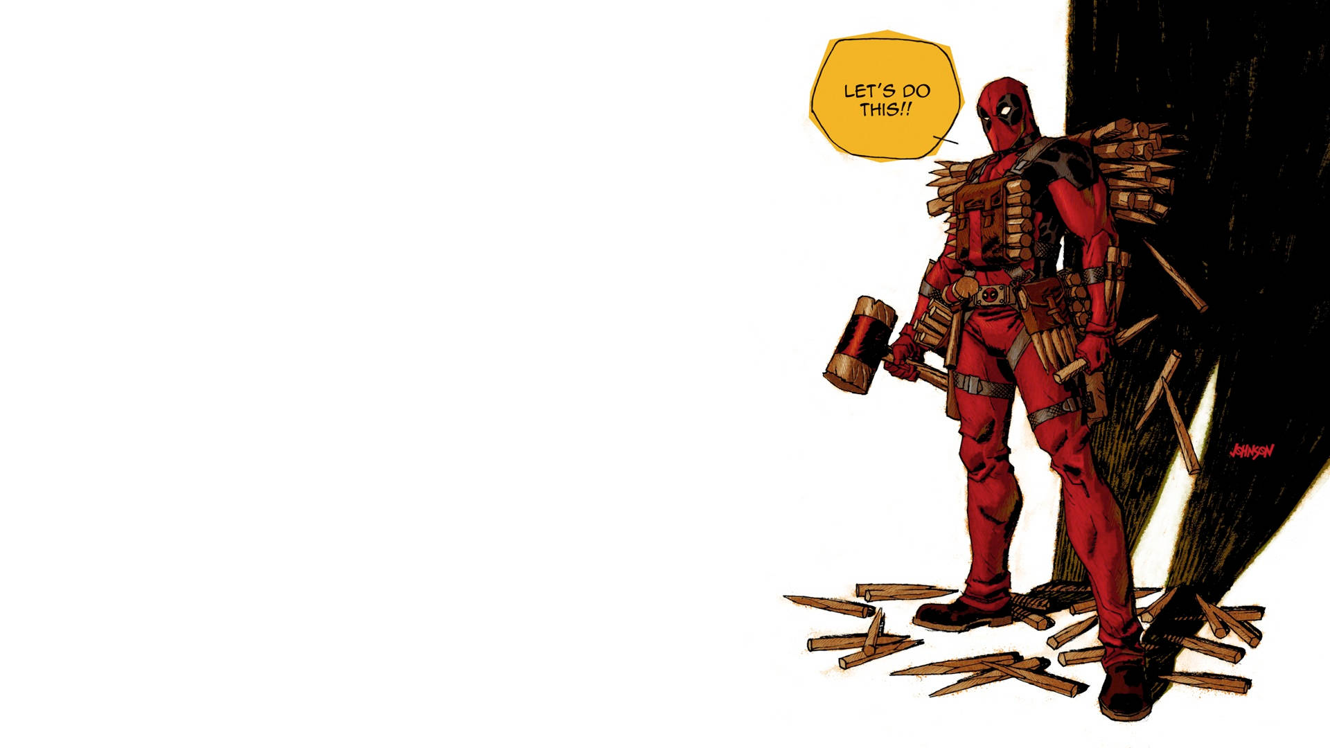 4K deadpool 桌布 壁紙 — 死侍身穿紅色戰衣，手持鎚子和木樁，在黑暗背景前準備就緒。