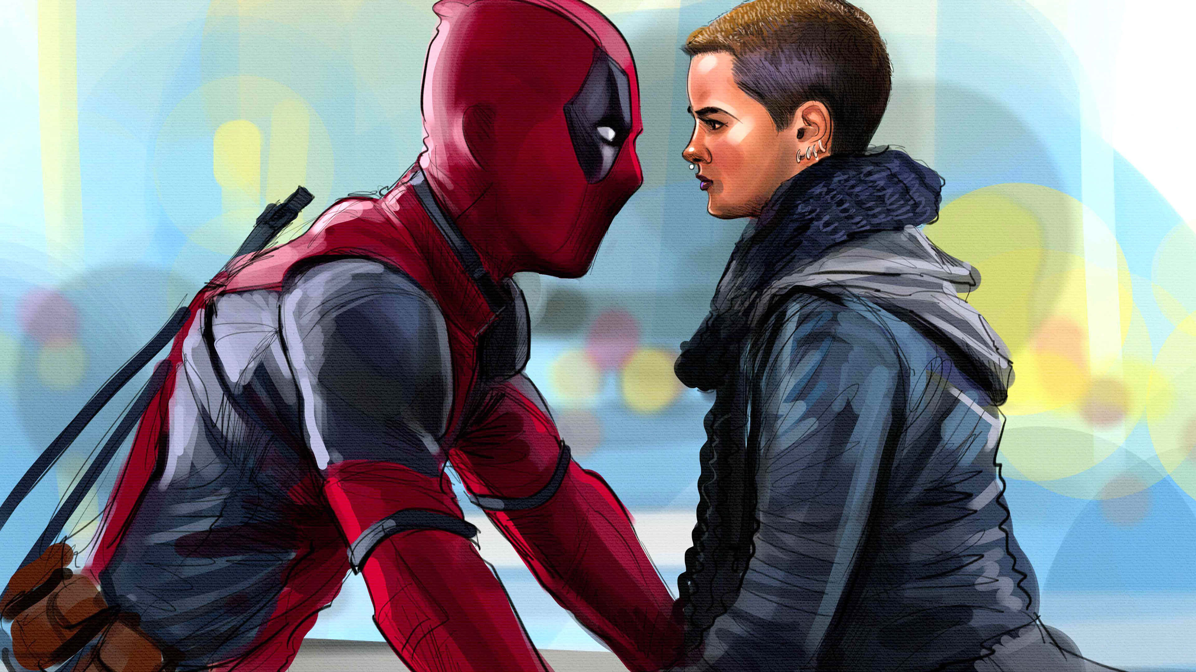Negasonic Teenage Warhead 桌布 壁紙 — 死侍身穿紅色戰衣，與一位短髮、身穿灰色連帽上衣的女子在色彩繽紛的模糊背景前牽手。