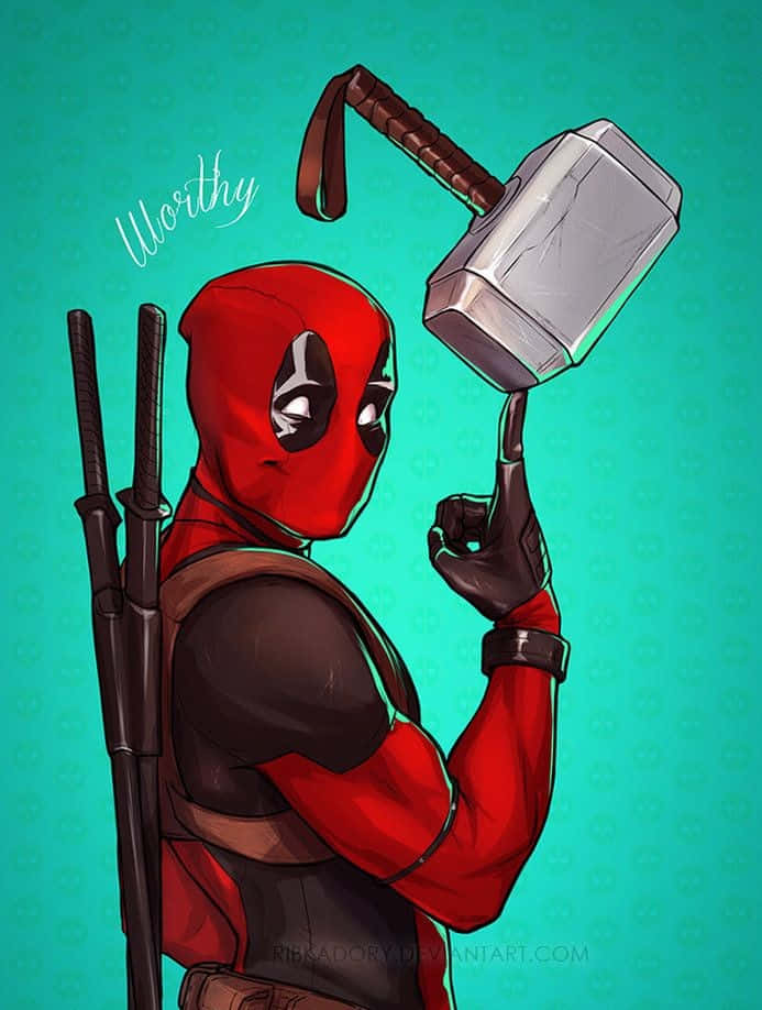 Deadpool Art 桌布 壁紙 — 死侍身穿紅色戰衣，高舉雷神之鎚，背景為青綠色，上方寫有「Worthy」字樣。