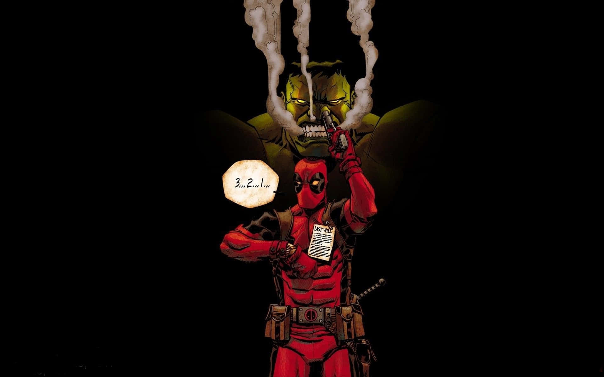 桌布 壁紙 — 死侍身穿紅色戰衣手持冒煙手槍，背後有浩克在黑暗背景中隱現，並附有倒數氣泡。