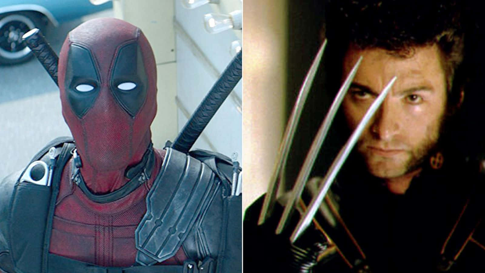 Deadpool And Wolverine 桌布 壁紙 — 死侍身穿紅色戰衣手持雙劍，與金鋼狼伸出亞德曼金屬爪的分割畫面。