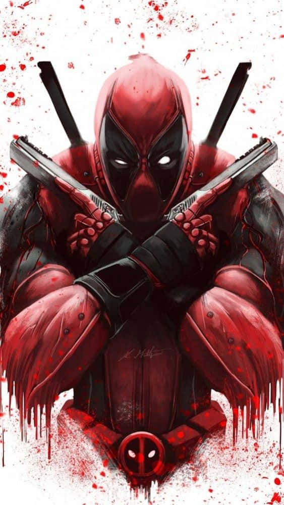 Deadpool Art 桌布 壁紙 — 死侍身穿紅黑戰衣，交叉雙槍，血跡斑斑，在白色背景前挑釁地站立。