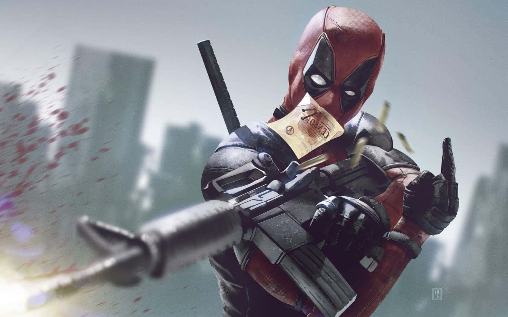 Deadpool 2 桌布 壁紙 — 死侍身穿紅黑戰衣，嘴裡叼著一張美元鈔票，在模糊的城市背景下開步槍射擊。
