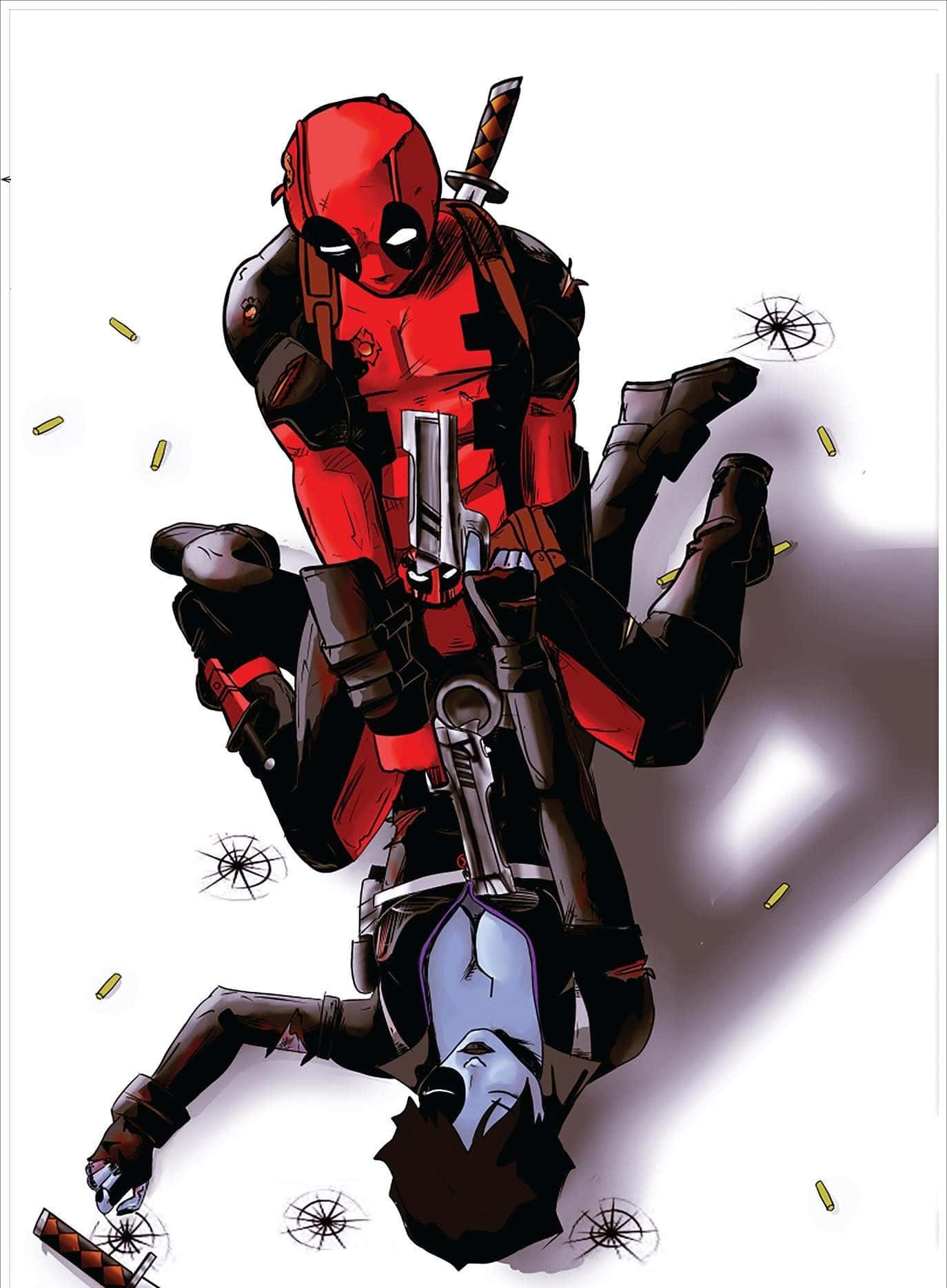 Deadpool And Domino 桌布 壁紙 — 死侍身穿紅黑戰衣，在槍林彈雨中動態地躍過敵人。
