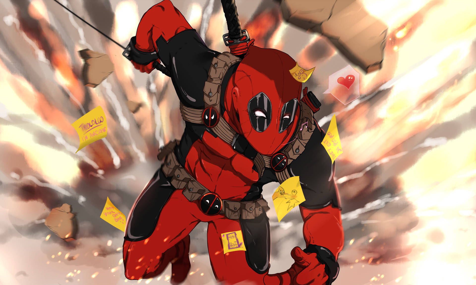 4K deadpool 桌布 壁紙 — 死侍身穿紅黑戰衣，在熾熱爆炸中擺盪，黃色便利貼在他周圍飄浮。
