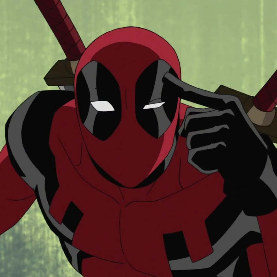 Deadpool Cartoon 桌布 壁紙 — 死侍身穿紅黑戰衣，在綠色數位背景前指向觀眾。