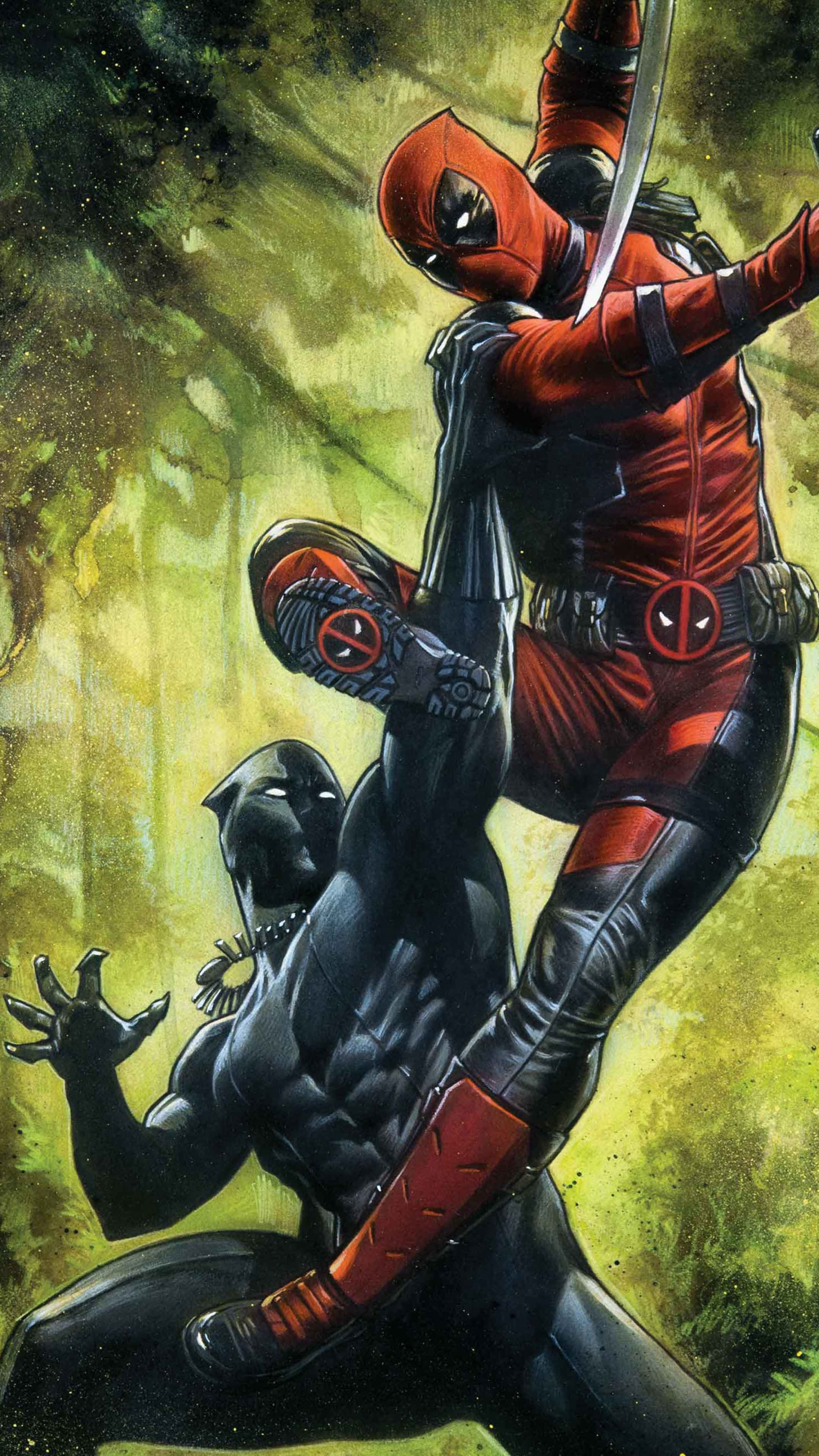 Black Deadpool 桌布 壁紙 — 死侍身穿紅黑戰衣，在綠色煙霧背景前以動感漫畫動作姿態躍過黑豹。
