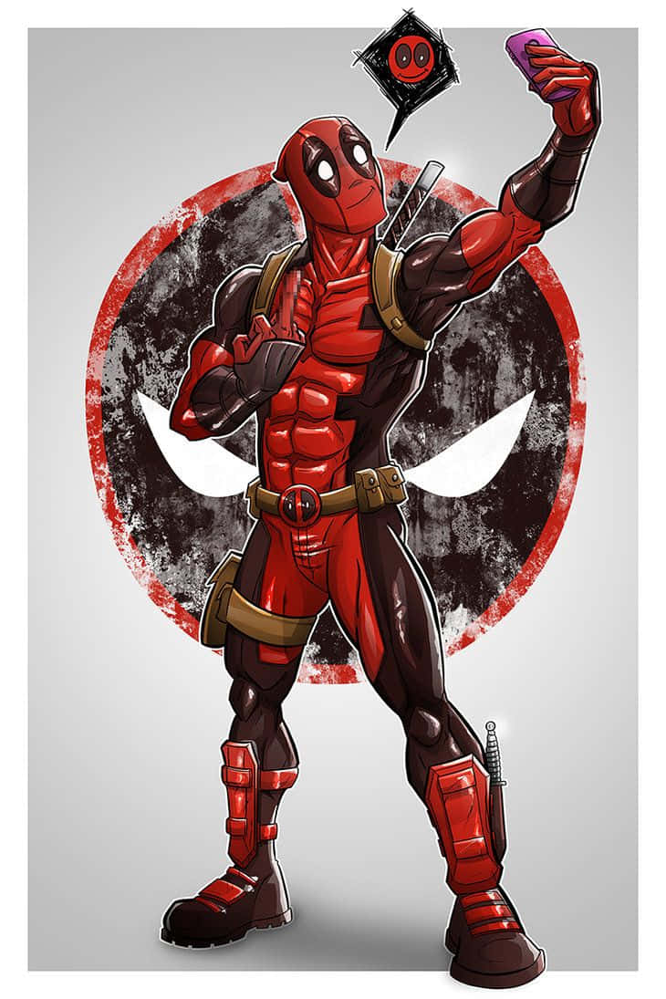 Deadpool Art 桌布 壁紙 — 死侍身穿紅黑戰衣，在骯髒圓形背景前用紫色手機自拍。