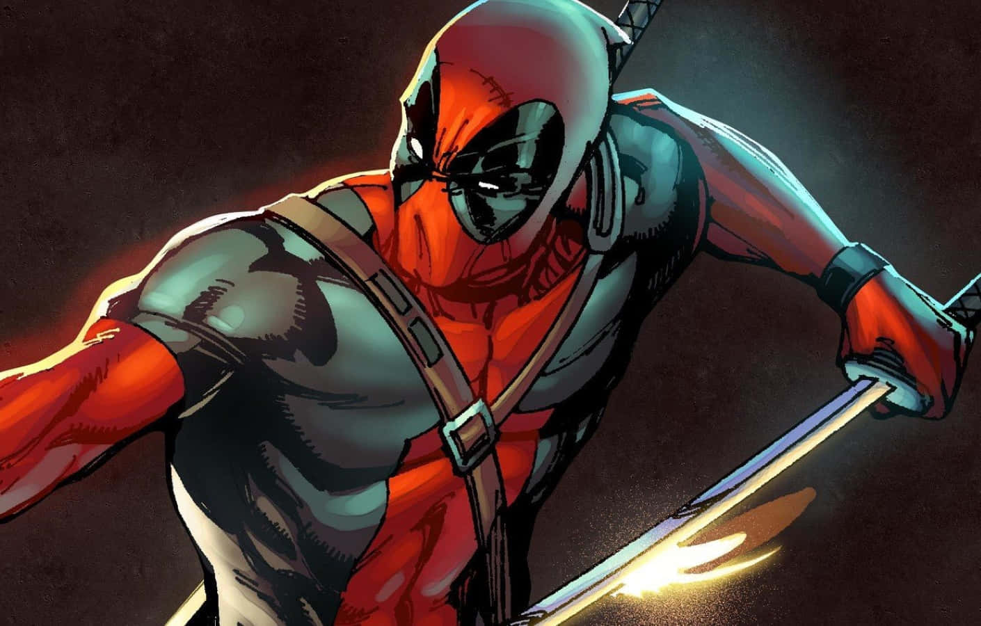 Anti-hero 桌布 壁紙 — 死侍身穿紅黑戰衣，在黑暗背景下以動感漫畫姿勢揮舞發光劍。