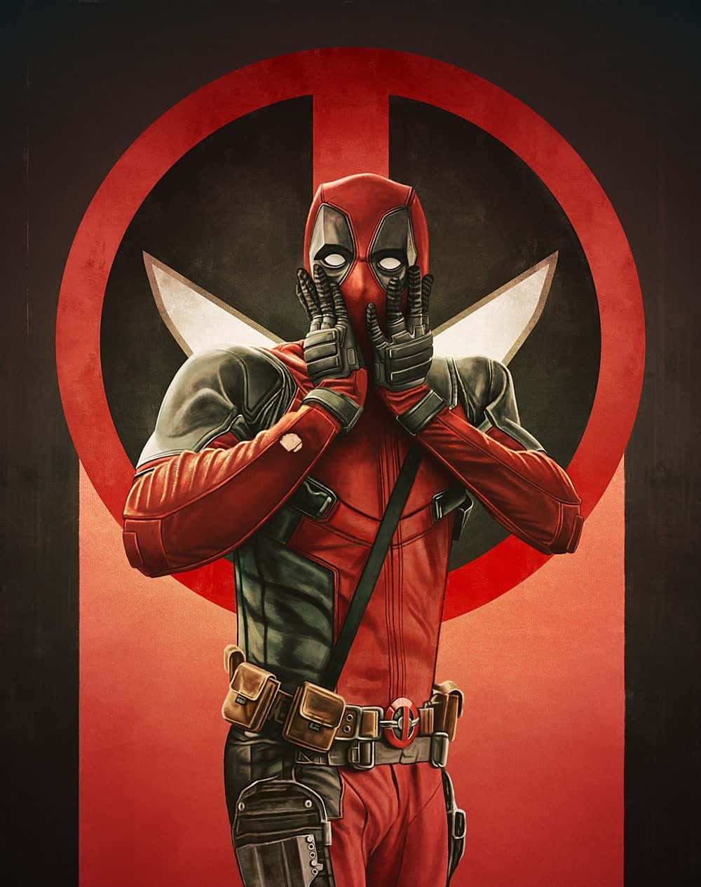 Deadpool Art 桌布 壁紙 — 死侍身穿紅黑戰衣，戴著手套的雙手遮住臉龐，背景為大膽的紅色圓形標誌。