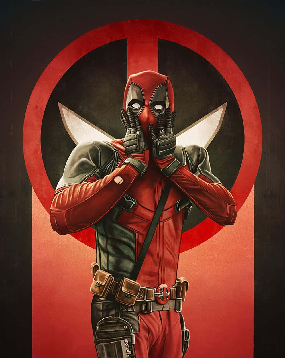 Deadpool Cartoon 桌布 壁紙 — 死侍身穿紅黑戰衣，戴著手套的雙手遮蓋臉龐，背景為大膽的紅色圓形標誌。