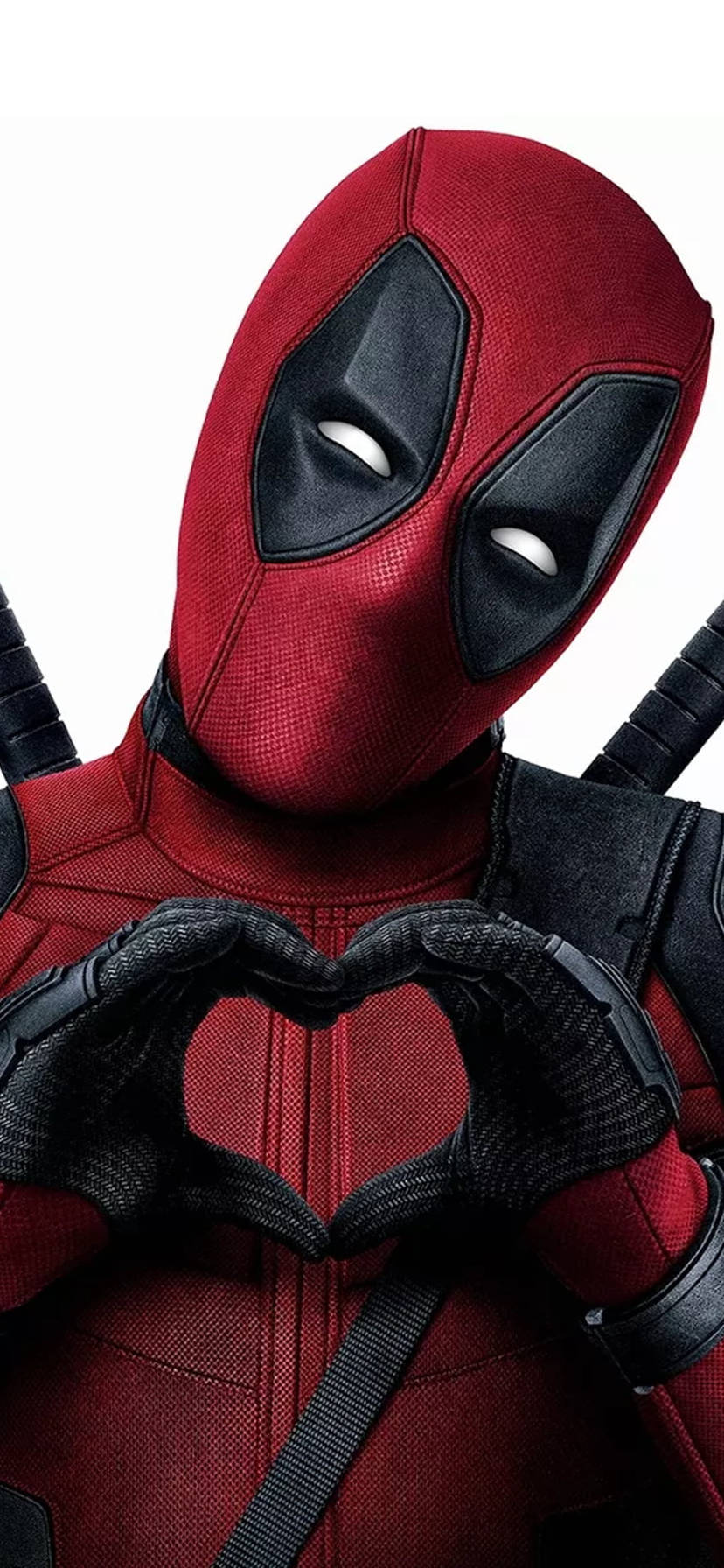 marvel iPhone xr 桌布 壁紙 — 死侍身穿紅黑戰衣，戴著手套的雙手在白色背景前比出愛心形狀。