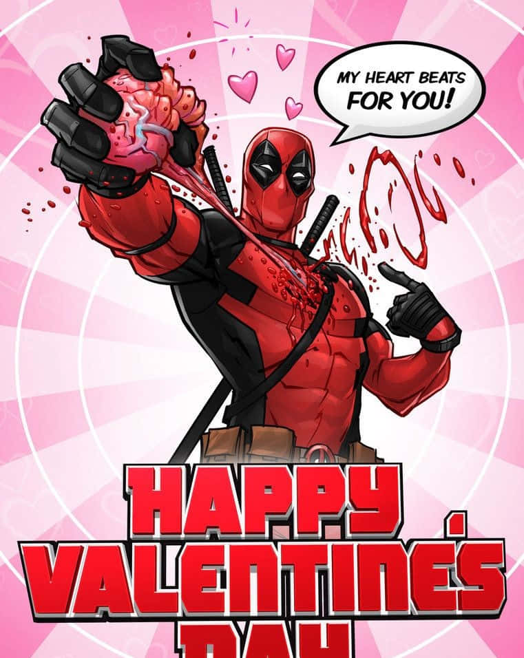 Deadpool Art 桌布 壁紙 — 死侍身穿紅黑戰衣，手持一個大腦，心形圖案在他周圍飛舞，背景為粉紅色放射狀。