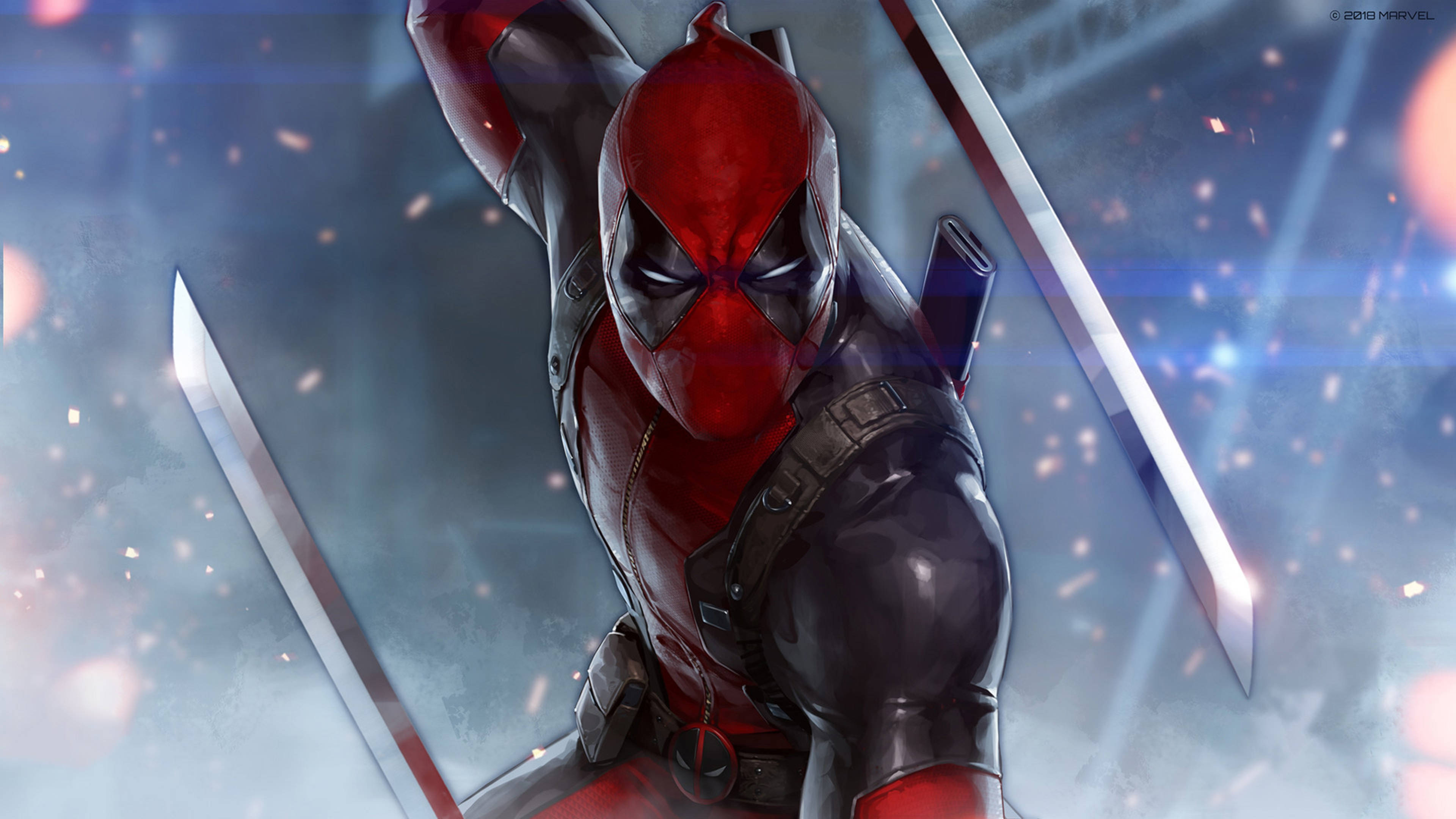 4K deadpool 桌布 壁紙 — 死侍身穿紅黑戰衣，手持兩把劍，背景是充滿藍色閃爍火花的發光背景。