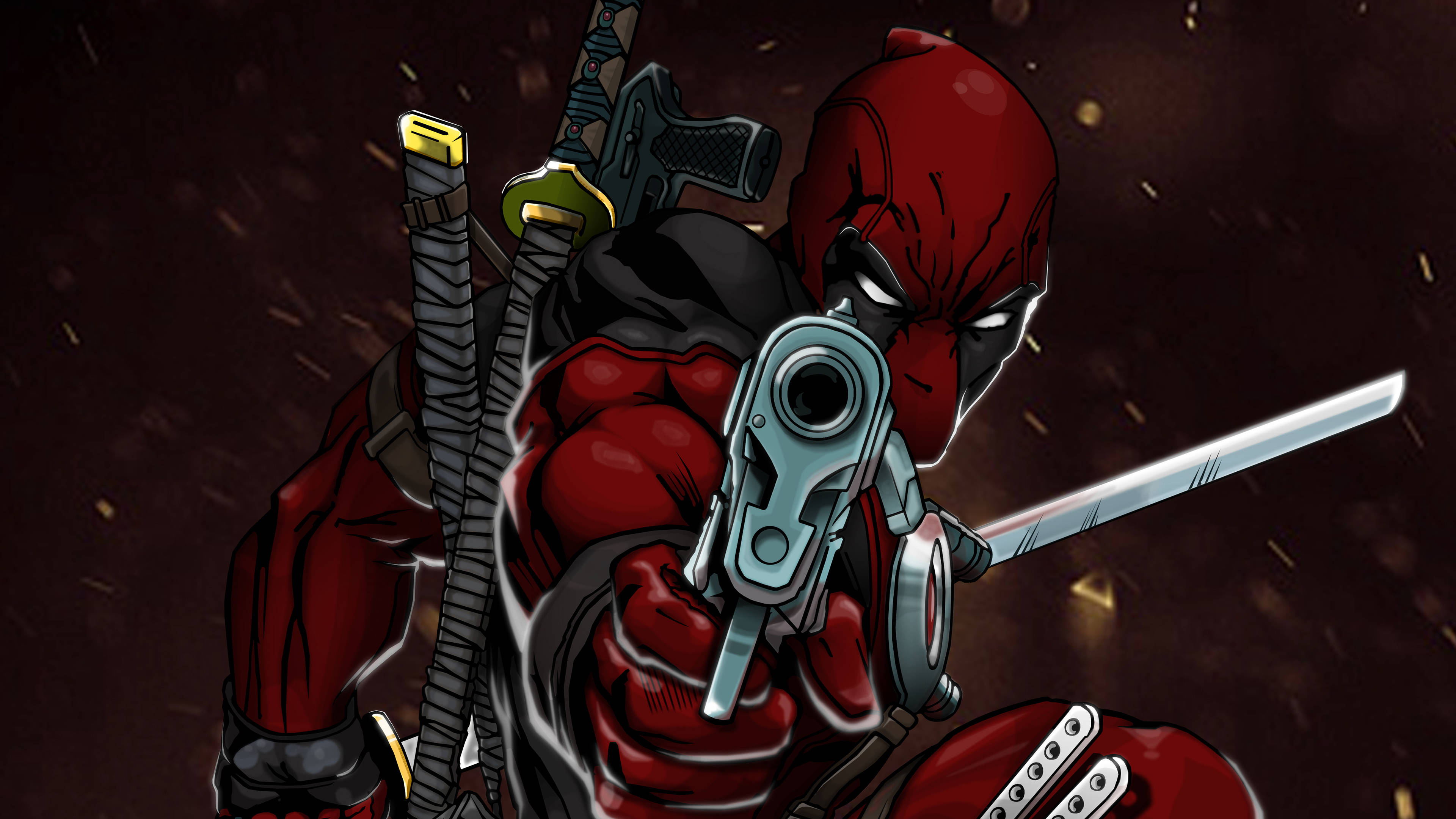 4K deadpool 桌布 壁紙 — 死侍身穿紅黑戰衣，背負劍和手槍，在黑暗背景下瞄準一把銀色槍。