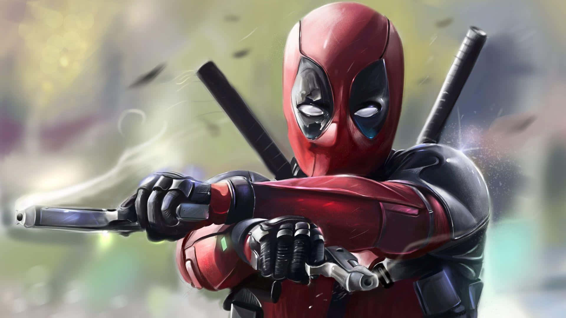 Deadpool 2 桌布 壁紙 — 死侍身穿紅黑戰衣，背負雙刀，手持雙槍瞄準，背景模糊色彩繽紛。