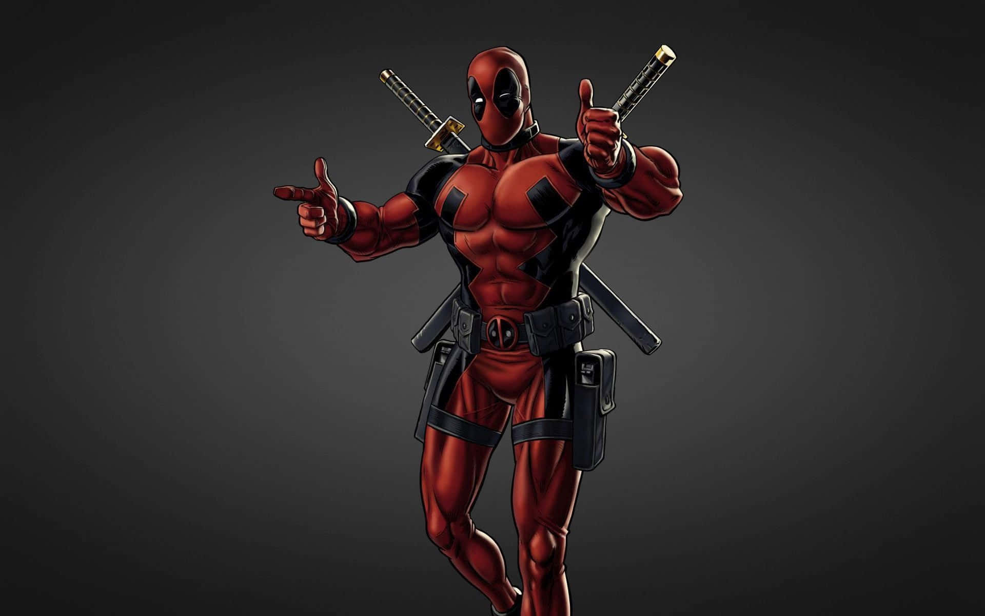 Black Deadpool 桌布 壁紙 — 死侍身穿紅黑戰衣，背負雙劍，在深色漸變背景前豎起雙拇指。
