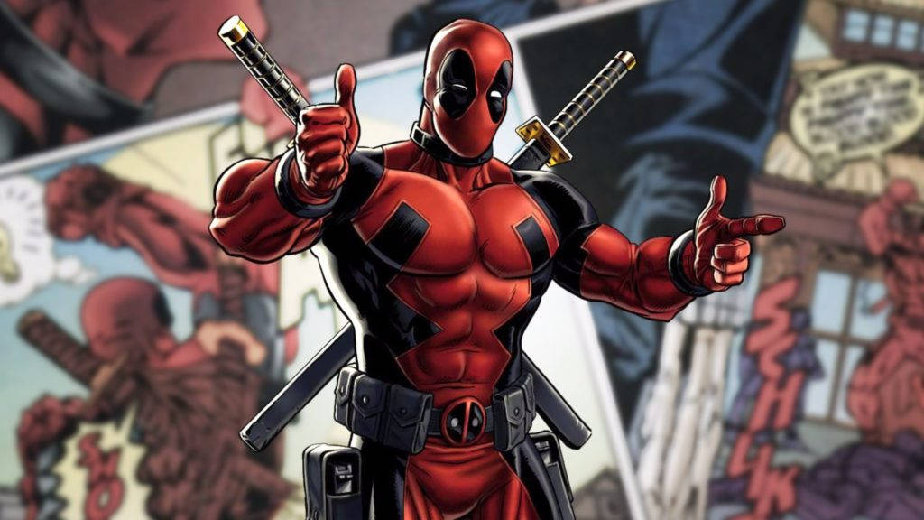 4K deadpool 桌布 壁紙 — 死侍身穿紅黑戰衣，腰間佩劍，在漫畫格背景前豎起大拇指。